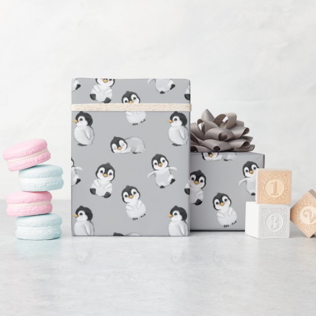 Cute Grey Penguin Pattern Baby Shower Wrapping Paper (Baby Shower)