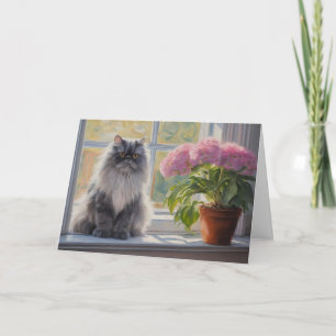 Cute Grey Persian Cat with Pink Flowering Plant  Card