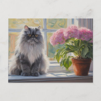 Cute Grey Persian Cat with Pink Flowering Plant Holiday Postcard