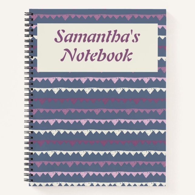 Cute Grey Personalised Artistic Striped Zig Zag Notebook (Front)