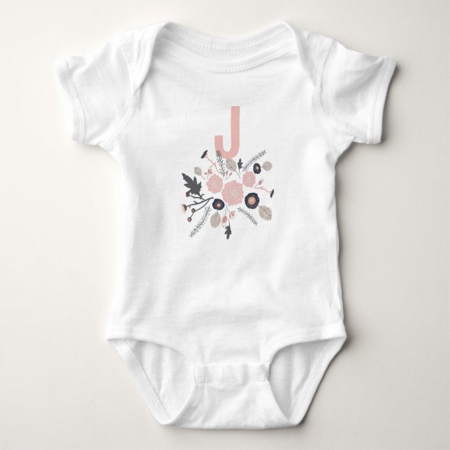 Cute Grey Pink Black Flowers With Initial Baby Bodysuit (Front)