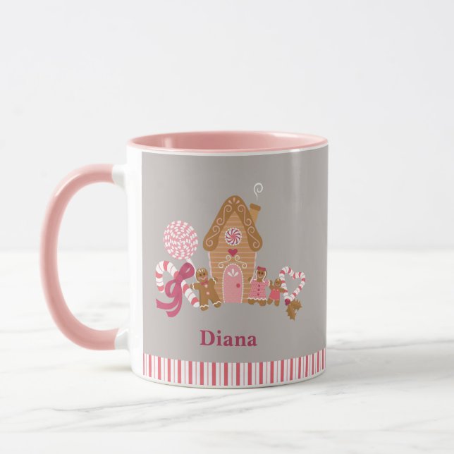 Cute Grey Pink Candy Cane Gingerbread House Mug (Left)