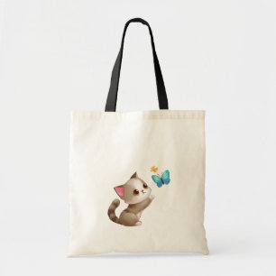 Cute Grey Pink Cat Play Blue Yellow Butterly Tote Bag