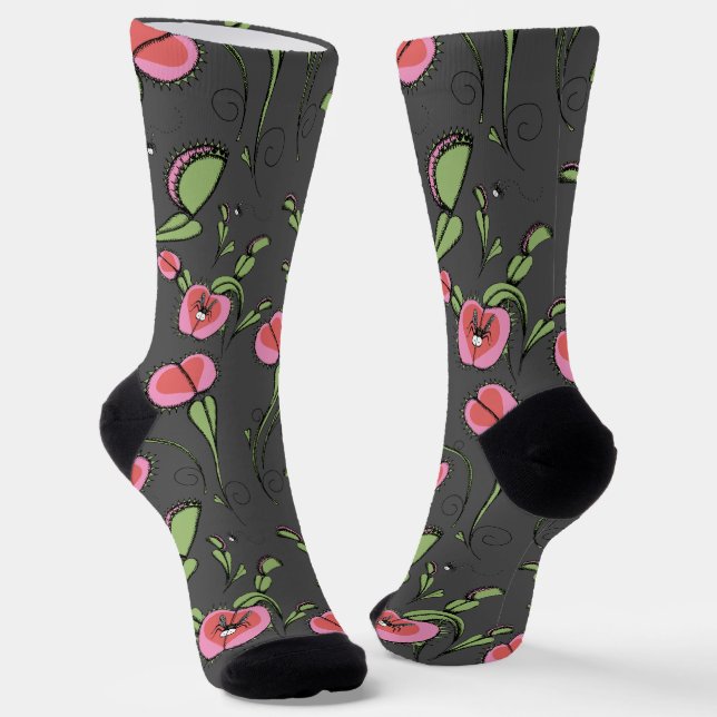 Cute Grey & Pink Venus Flytrap Stuck on Your Love Socks (Angled)