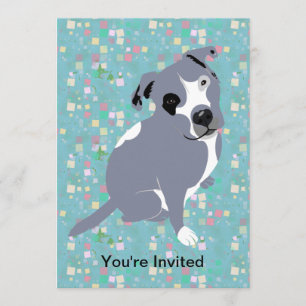 Cute Grey Pitbull Puppy on Squares Pattern Invitation