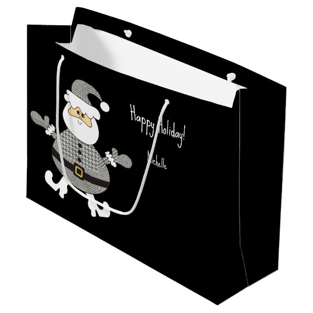 Cute Grey Plaid Santa Holiday Illustration Large Gift Bag (Front Angled)