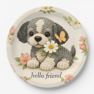 Cute Grey Puppy Floral Butterfly = Paper Plate