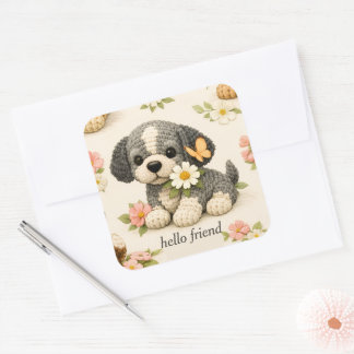 Cute Grey Puppy Floral Butterfly Sticker 