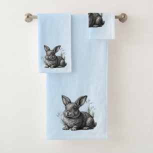 Cute Grey Rabbit against a Blue Sky Bath Towel Set