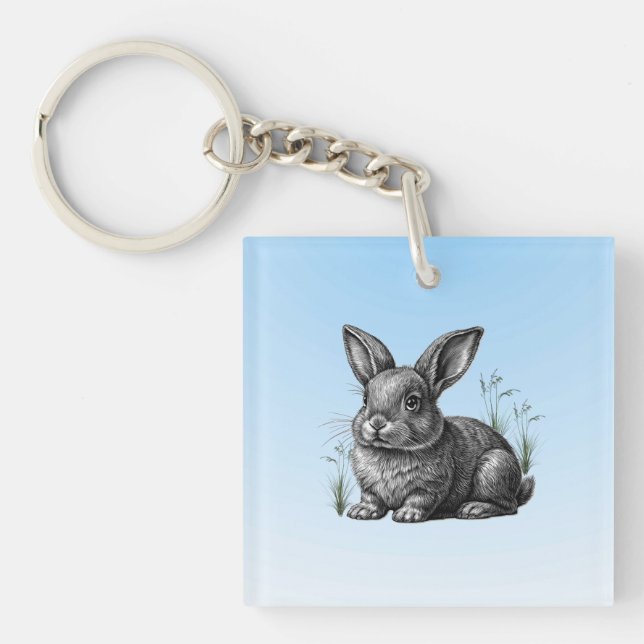 Cute Grey Rabbit against a Blue Sky Key Ring (Front)