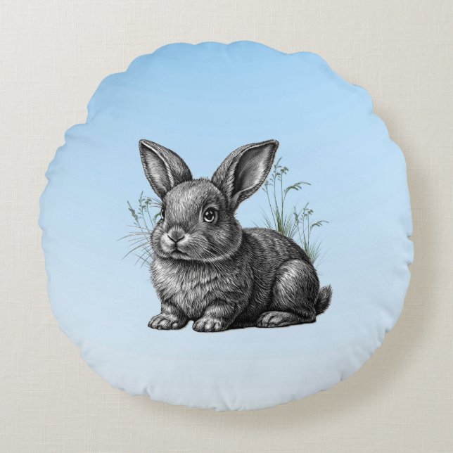 Cute Grey Rabbit against a Blue Sky Round Cushion (Front)