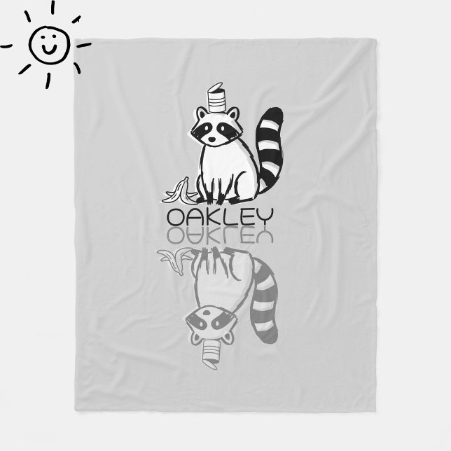 Cute Grey Racoon Reflection Doodle Custom Name Fleece Blanket (Creator Uploaded)