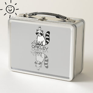 Cute Grey Racoon Reflection Doodle Custom Name Metal Lunch Box