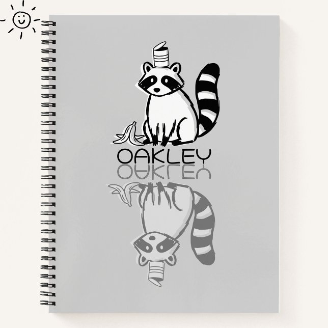 Cute Grey Racoon Reflection Doodle Custom Name Notebook (Creator Uploaded)