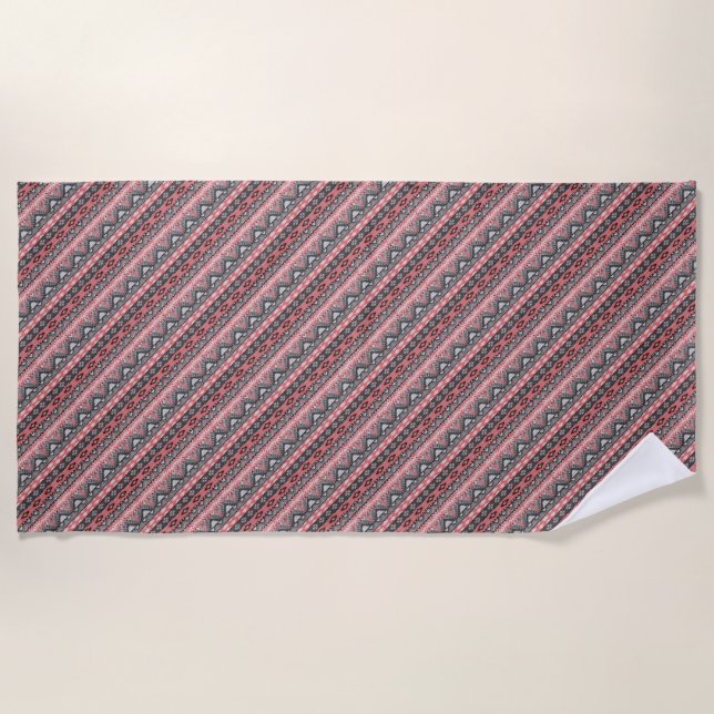 Cute grey red aztec pattern design neck tie beach towel (Front)