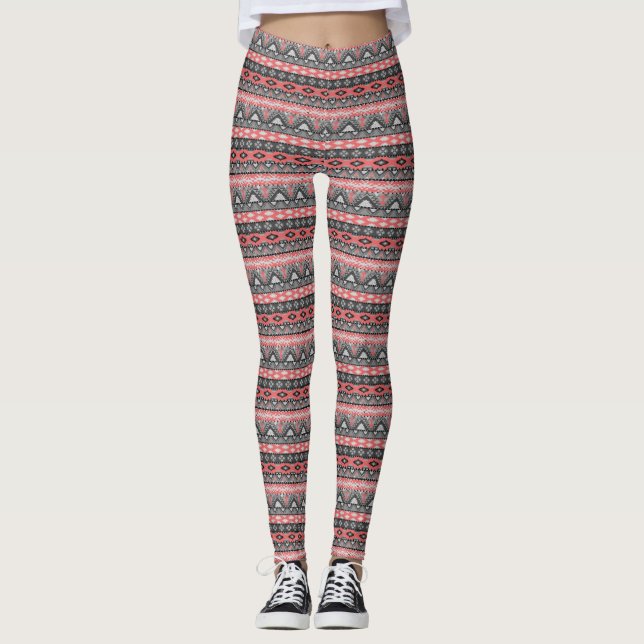 Cute grey red aztec pattern design neck tie leggings (Front)