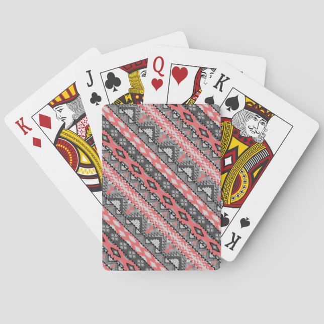Cute grey red aztec pattern design playing cards (Back)