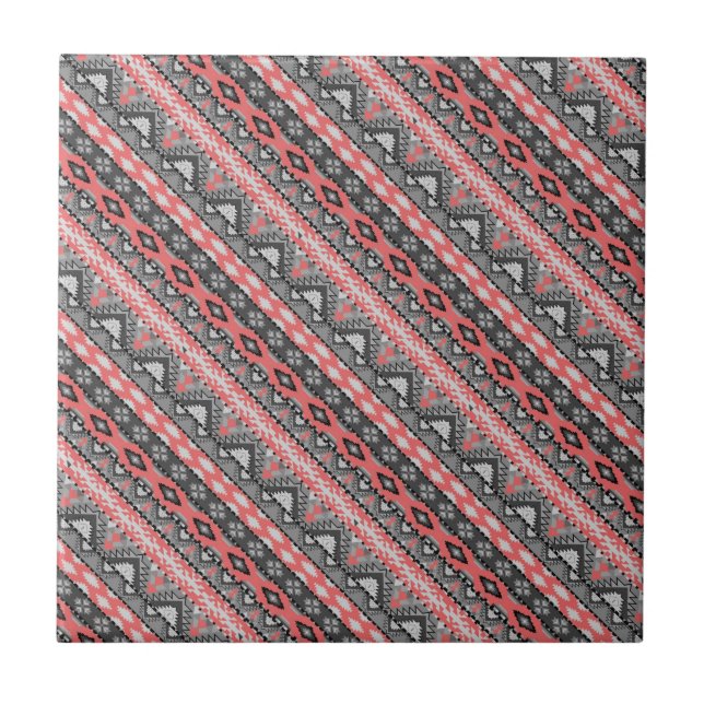 Cute grey red aztec pattern design tile (Front)