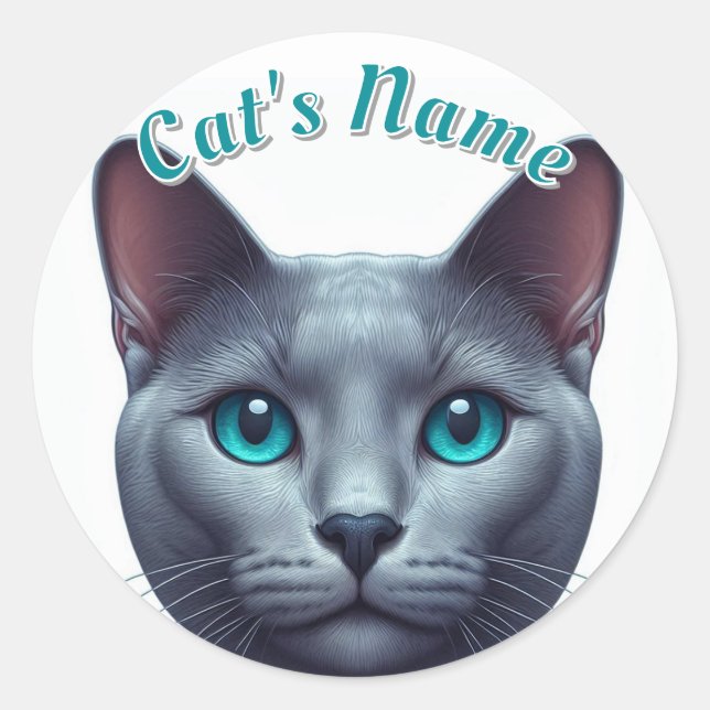Cute Grey Shorthaired Cat • Personalised Classic Round Sticker (Front)