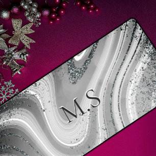 Cute grey silver marble art faux Glitter monogram Desk Mat