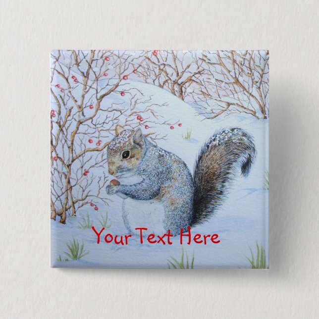 cute grey squirrel snow scene wildlife 15 cm square badge (Front)
