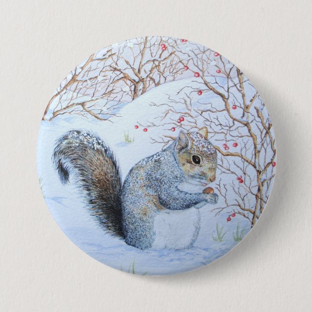 cute grey squirrel snow scene wildlife art 7.5 cm round badge (Front)