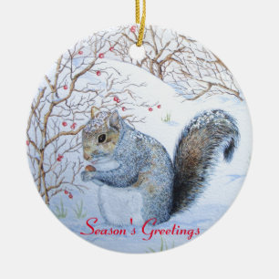 cute grey squirrel snow scene wildlife art ceramic ornament