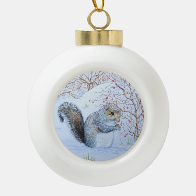 Cute grey squirrel snow scene wildlife christmas ceramic ball christmas ornament (Front)