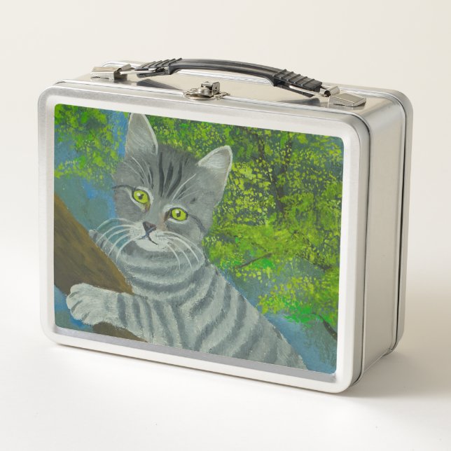 Cute Grey Stripe Green eyed Cat Climbs a Tree   Metal Lunch Box (Front)
