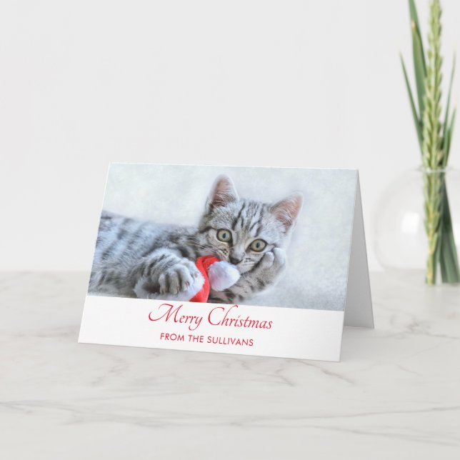 Cute Grey Tabby Cat Christmas Hat Xmas Card (Front)