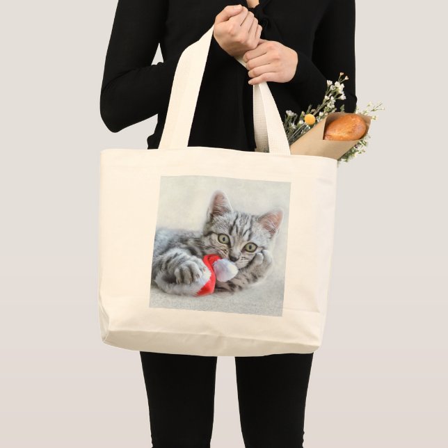 Cute Grey Tabby Cat Christmas Hat Xmas Large Tote Bag (Front (Product))