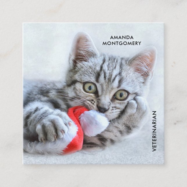 Cute Grey Tabby Cat Christmas Hat Xmas Square Business Card (Front)