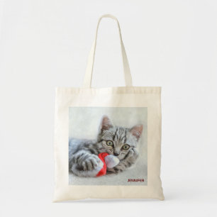 Cute Grey Tabby Cat Christmas Hat Xmas Tote Bag