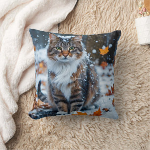 Cute Grey Tabby Cat Fall Leaves  Cushion