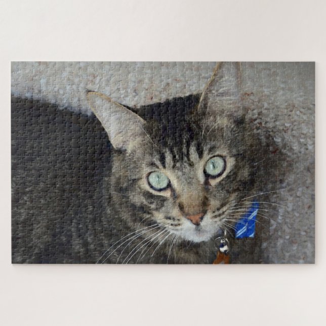 Cute Grey Tabby Cat Green Eyes Elegant Jigsaw Puzzle (Horizontal)