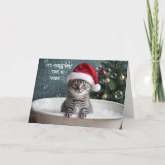 Cute Grey Tabby Cat in a Bubble Bath Santa Hat Card