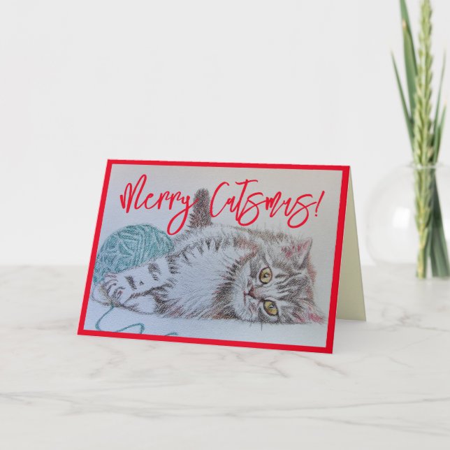Cute Grey Tabby Cat Kitten Art Christmas Card (Front)