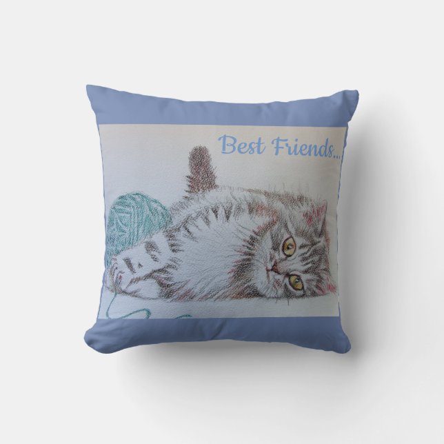 Cute Grey Tabby Cat Kitten Best Friends Cushion (Front)