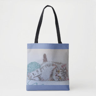 Cute Grey Tabby Cat Kitten Playing Tote Bag