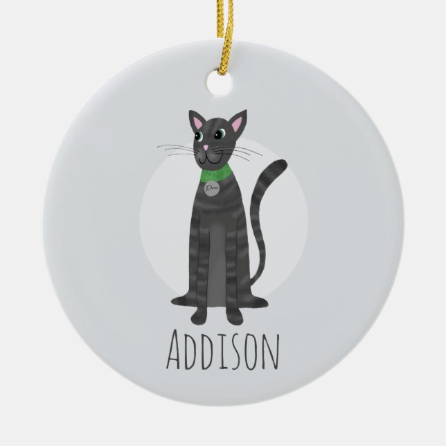 Cute Grey Tabby Cat Paw Prints Happy Holiday Ceramic Ornament (Front)