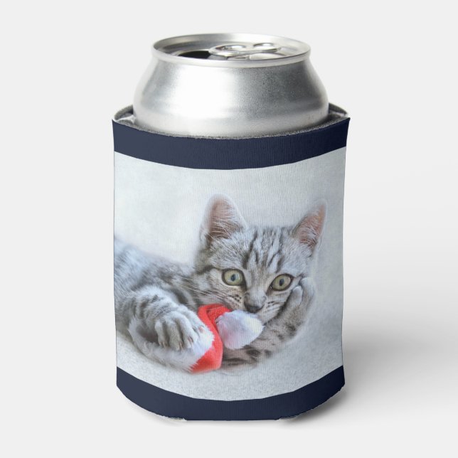 Cute Grey Tabby Cat w/ Christmas Hat Xmas Can Cooler (Can Front)