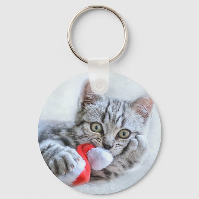 Cute Grey Tabby Cat w/ Christmas Hat Xmas Key Ring (Front)