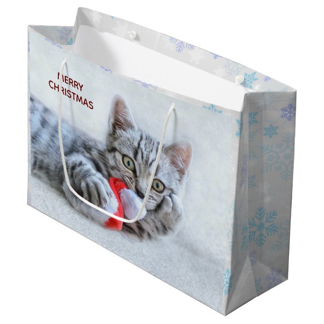 Cute Grey Tabby Cat w/ Christmas Hat Xmas Large Gift Bag (Front Angled)