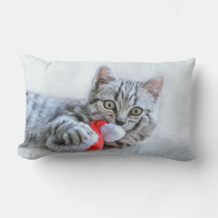 Cute Grey Tabby Cat w/ Christmas Hat Xmas Lumbar Cushion