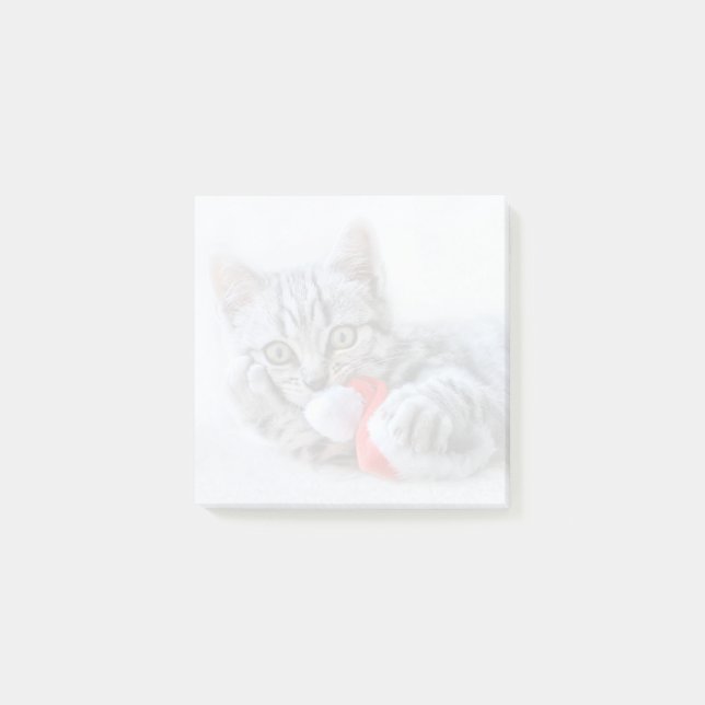 Cute Grey Tabby Cat w/ Christmas Hat Xmas Post-it Notes (Front)
