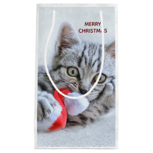 Cute Grey Tabby Cat w/ Christmas Hat Xmas Small Gift Bag