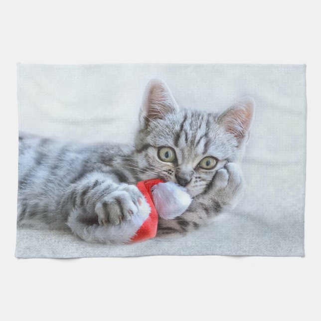Cute Grey Tabby Cat w/ Christmas Hat Xmas Tea Towel (Horizontal)