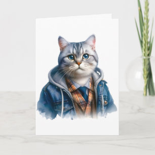 Cute Grey Tabby Cat with Blue Eyes Wearing Hoodie Card