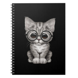 Cute Grey Tabby Kitten with Eye Glasses, black Notebook