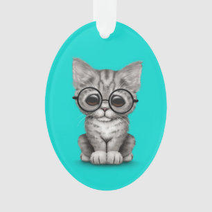 Cute Grey Tabby Kitten with Eye Glasses blue Ornament